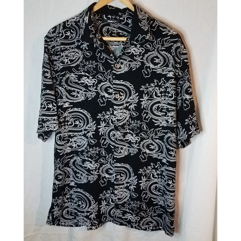 Men's Nova Men Button Down Black White Size Large Dragon Money‎ shirt